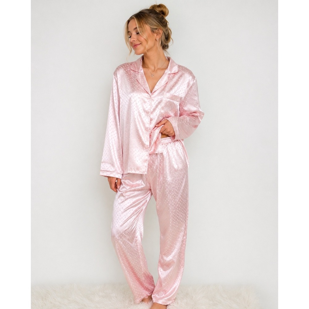 Collette by Miss Elaine  Pink Satin Pajama Set Polka Dot Coquette Large vintage